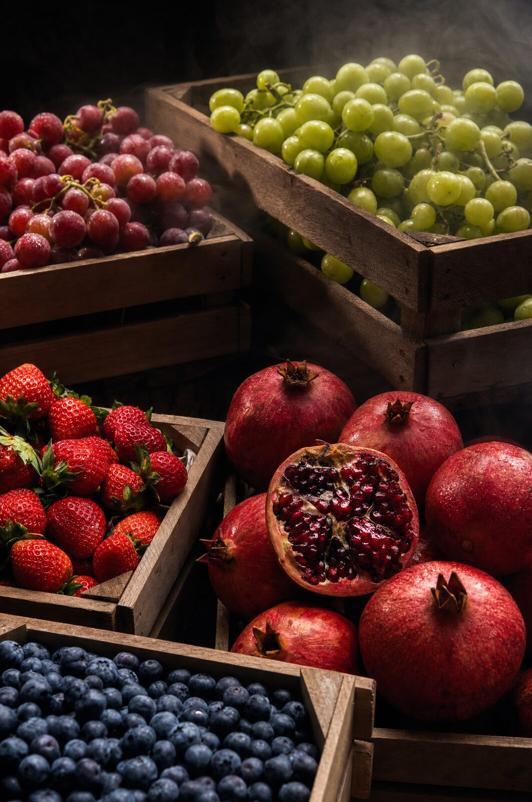 Grapes, strawberries, blueberries and a split pomegranate