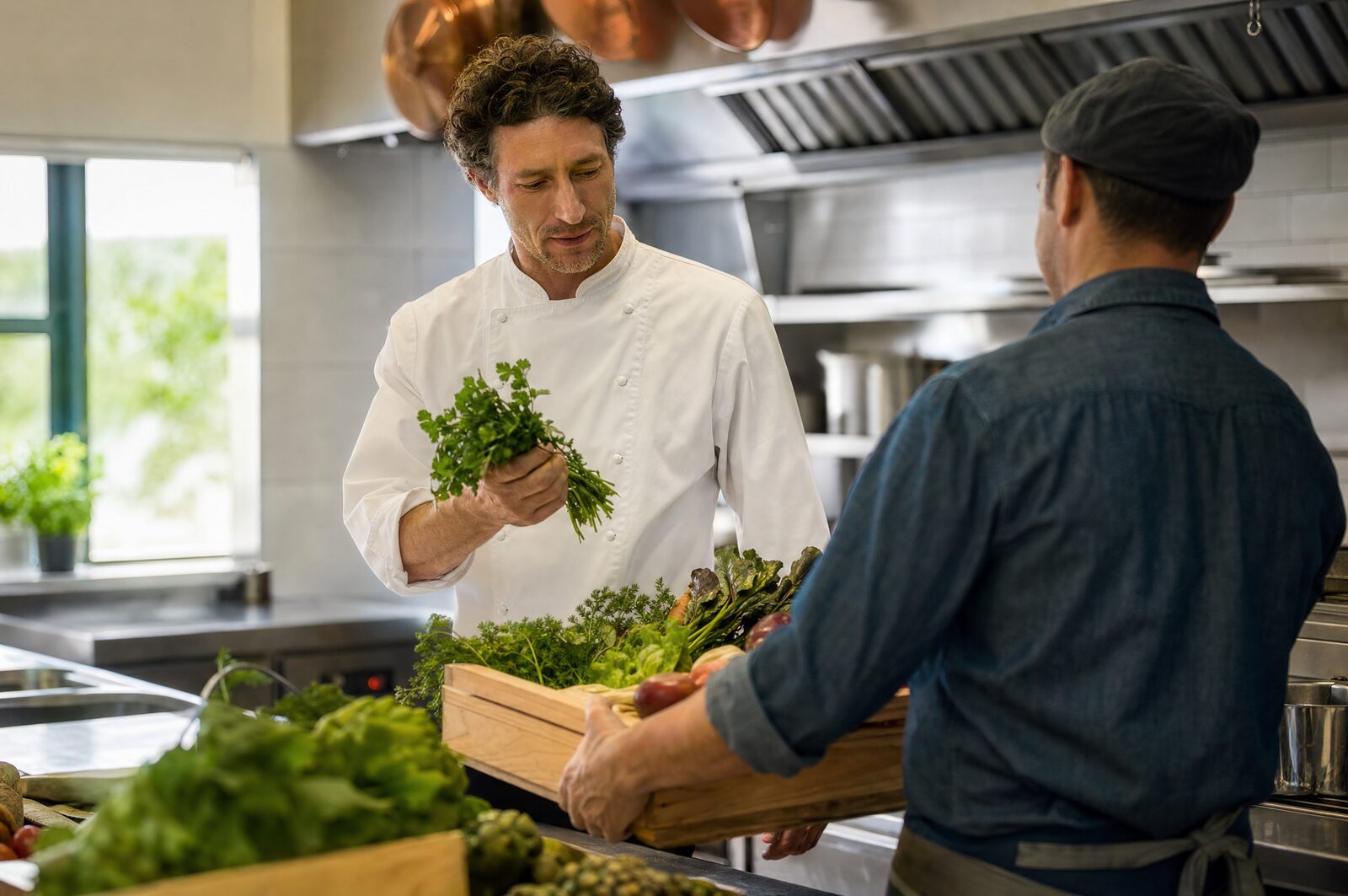A chef inspecting fresh herbs in a hotel kitchen