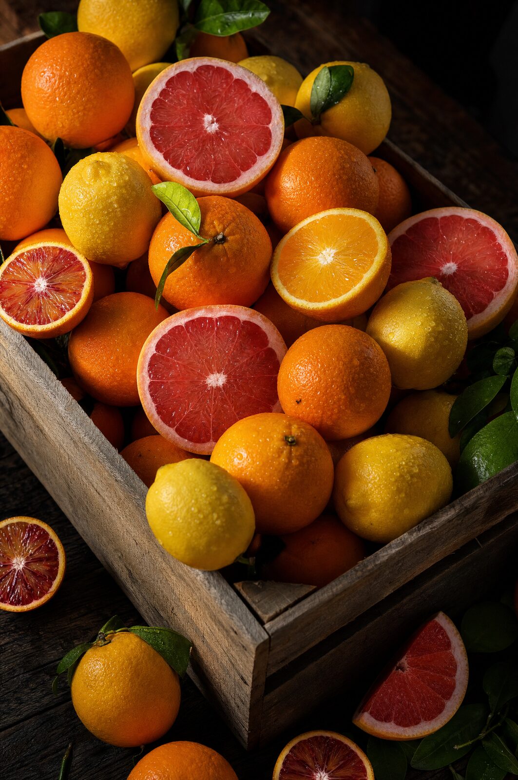 A crate of oranges, lemons and grapefruit