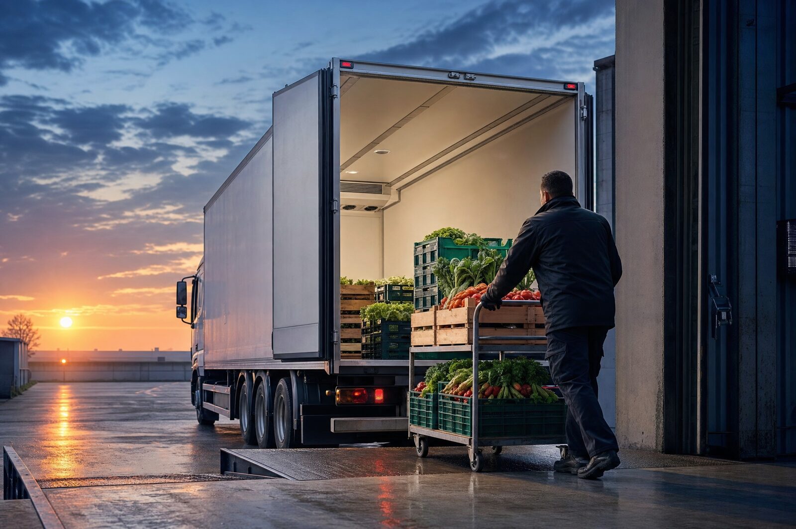 A refrigerated truck at a loading dock at dawn