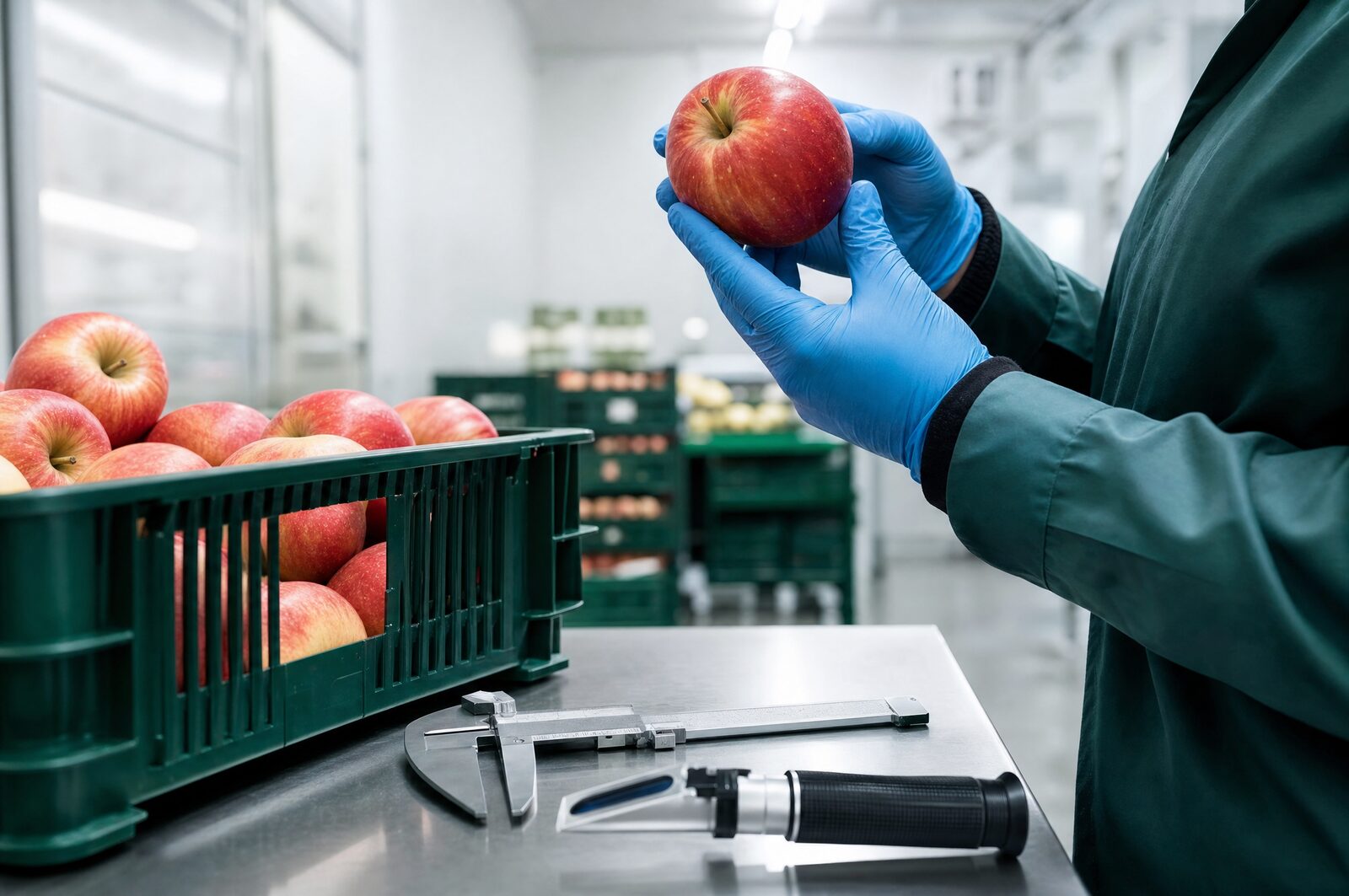 An inspector holding an apple to the light beside a crate