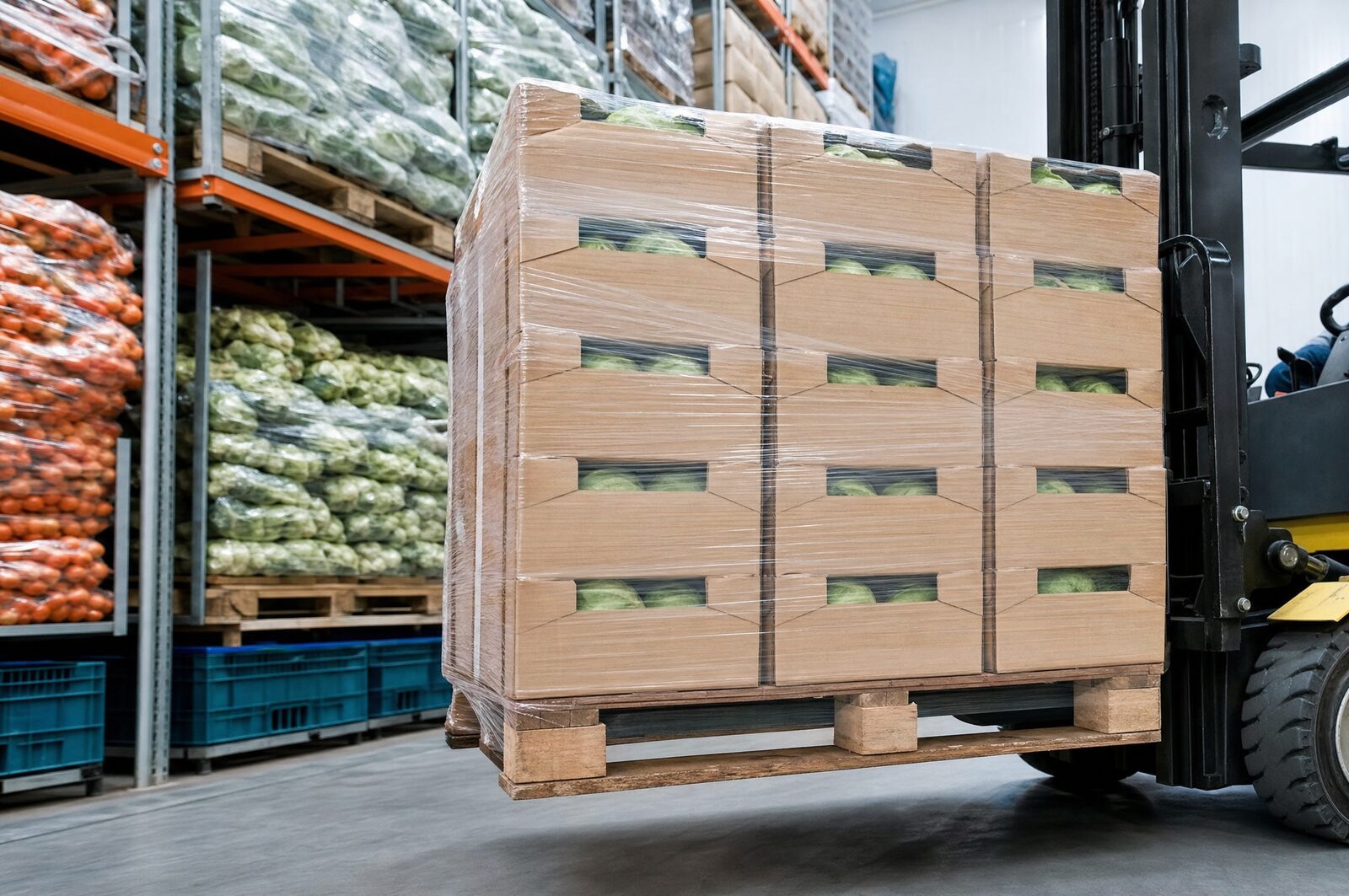 A shrink-wrapped pallet lifted by a forklift