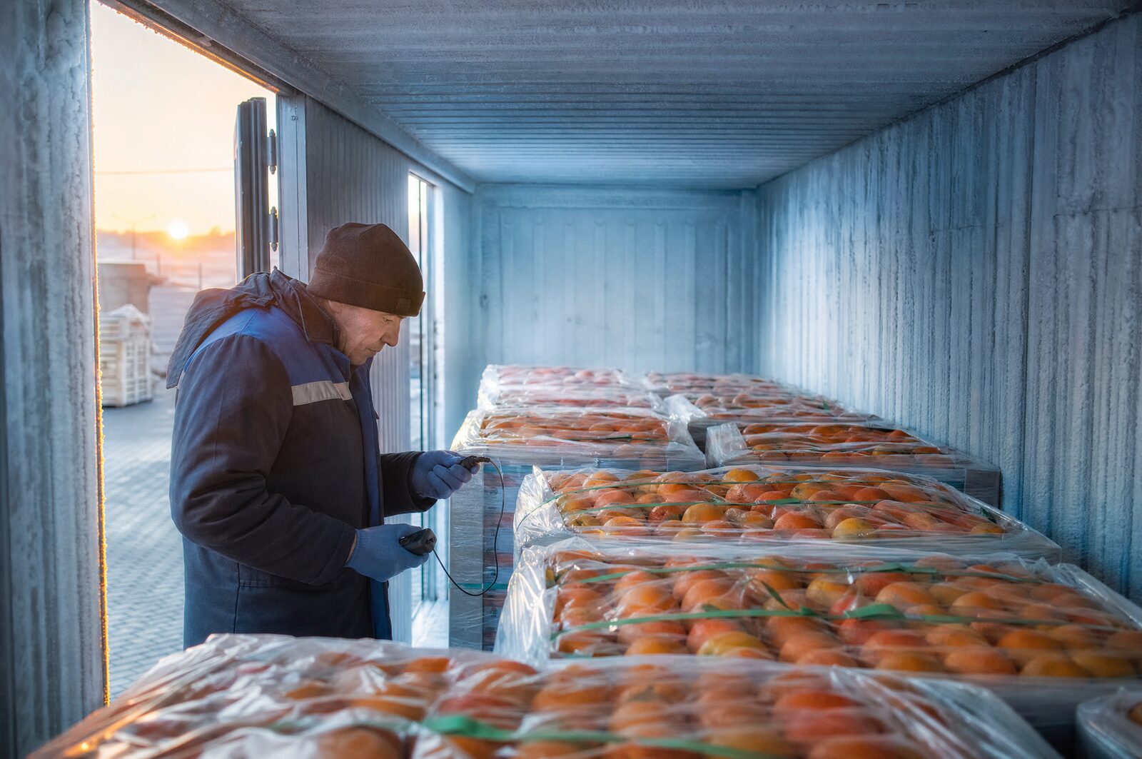 Pallets being loaded into a refrigerated container