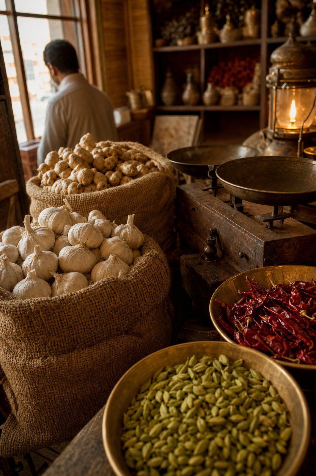 Sacks of garlic and ginger with brass bowls of spices