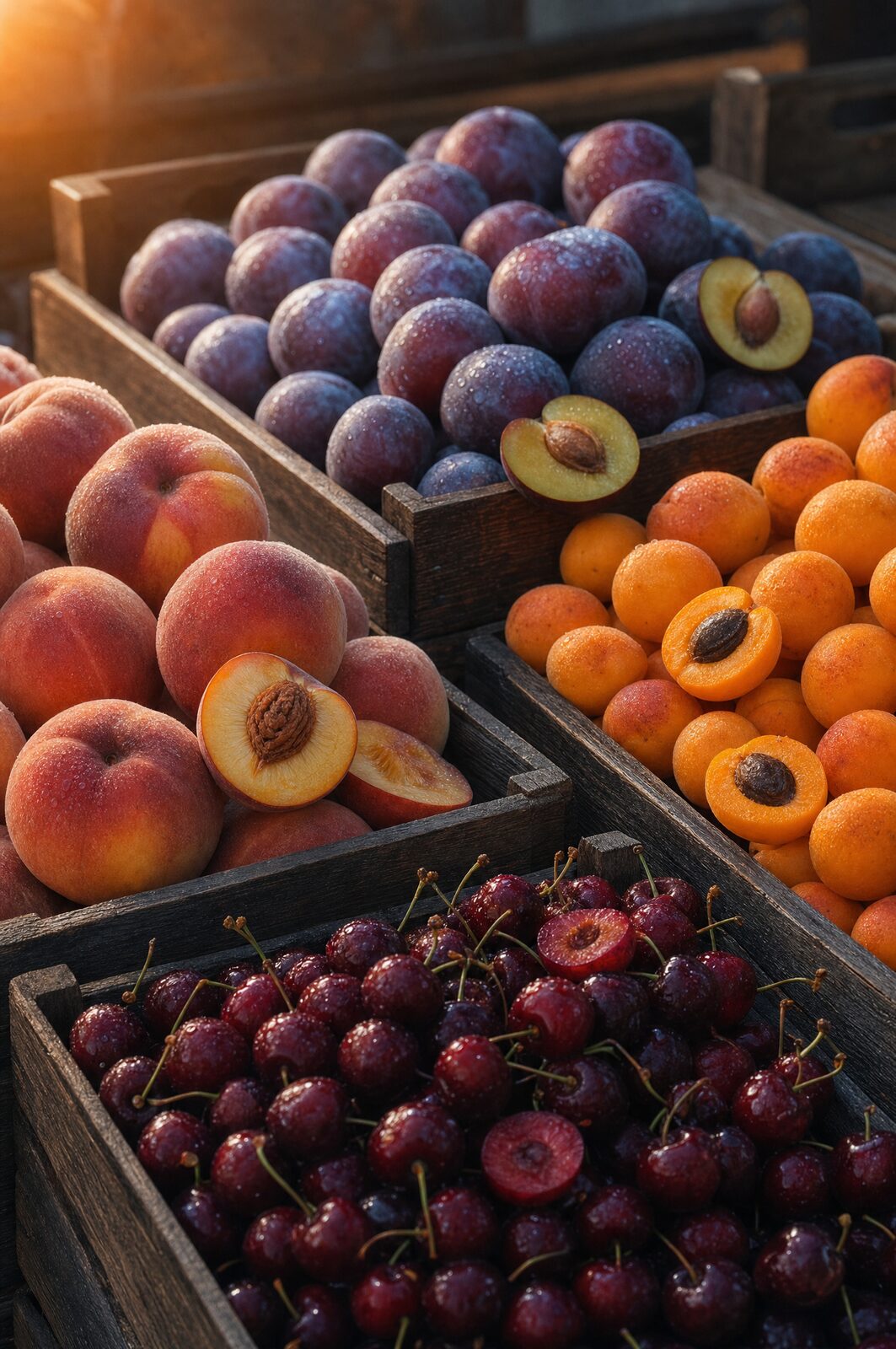 Crates of peaches, plums, apricots and cherries