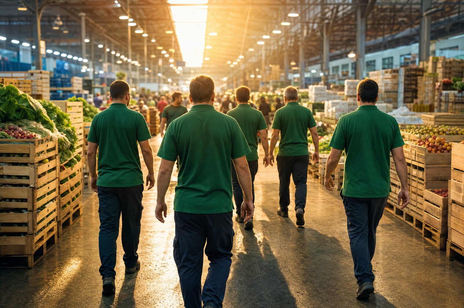 A warehouse crew walking through the market hall at dawn