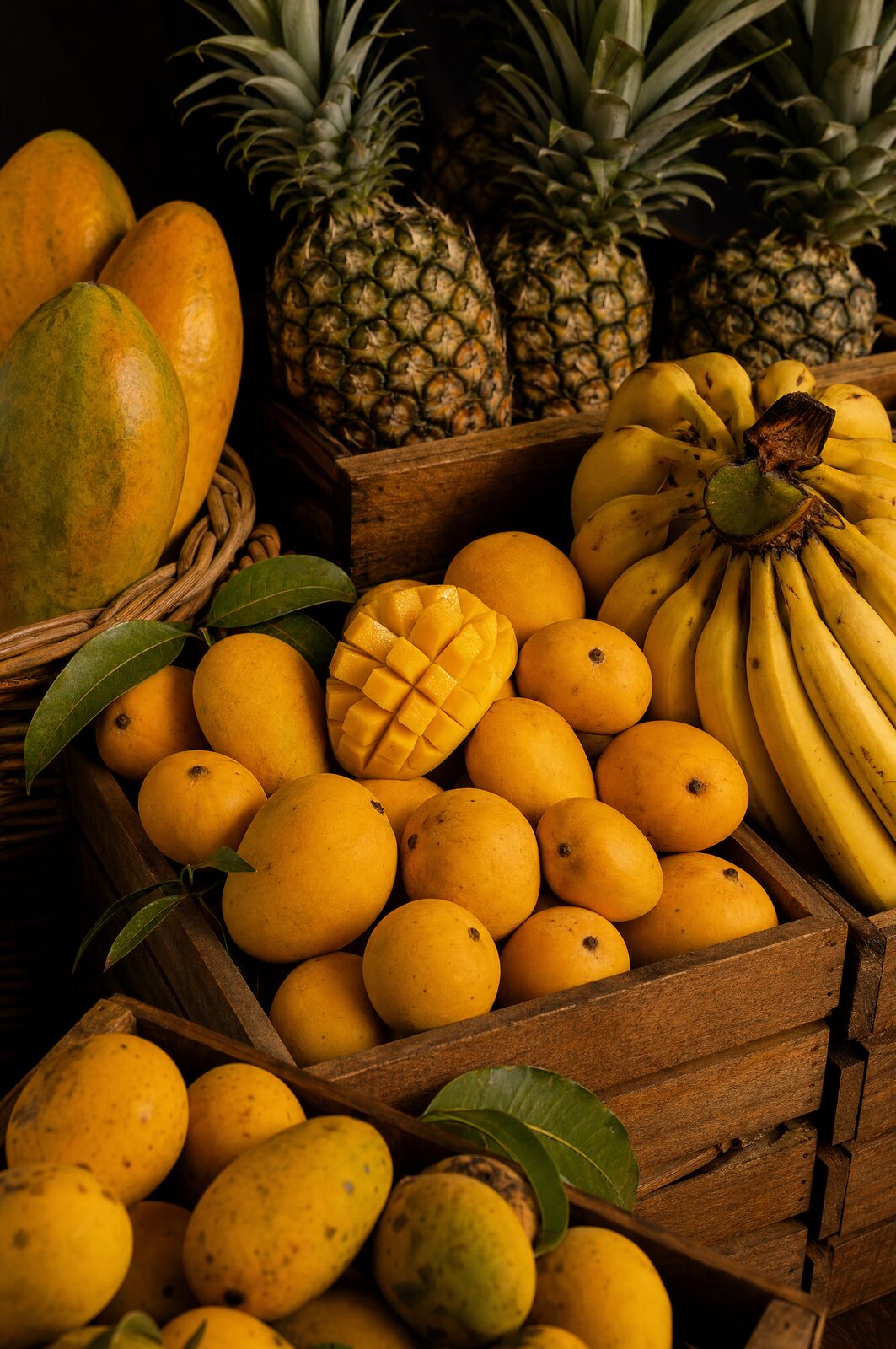 Ripe mangoes, pineapples, papaya and bananas