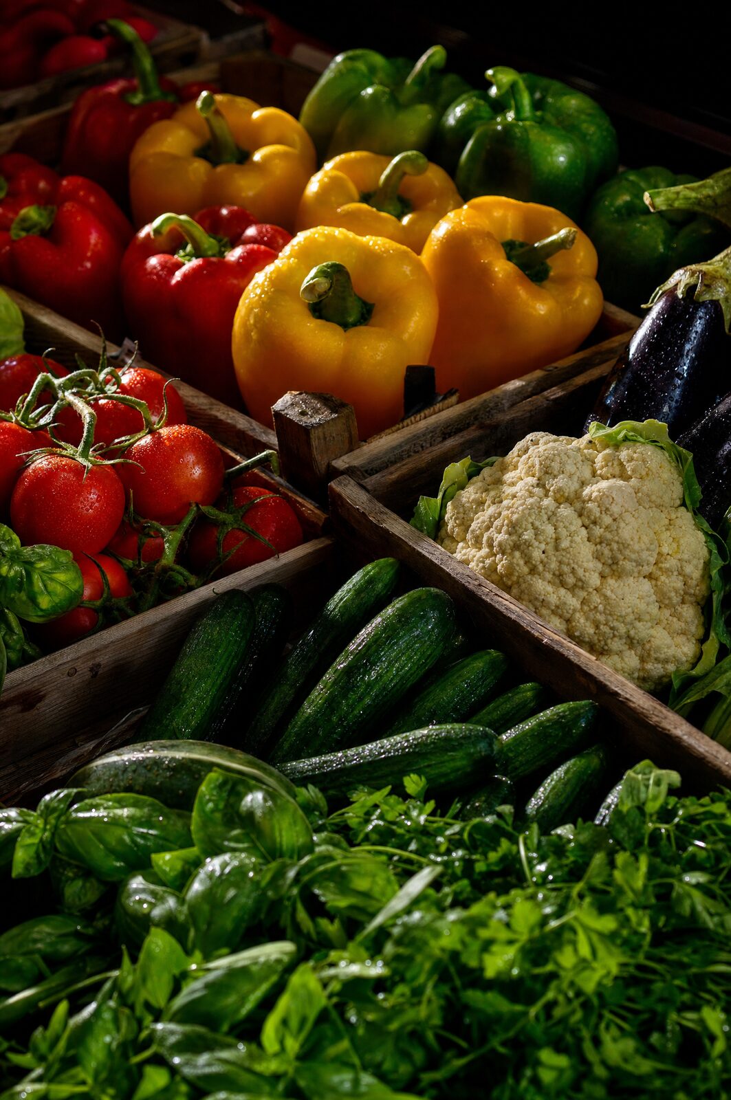 Tomatoes, cucumbers, peppers, cauliflower and herbs